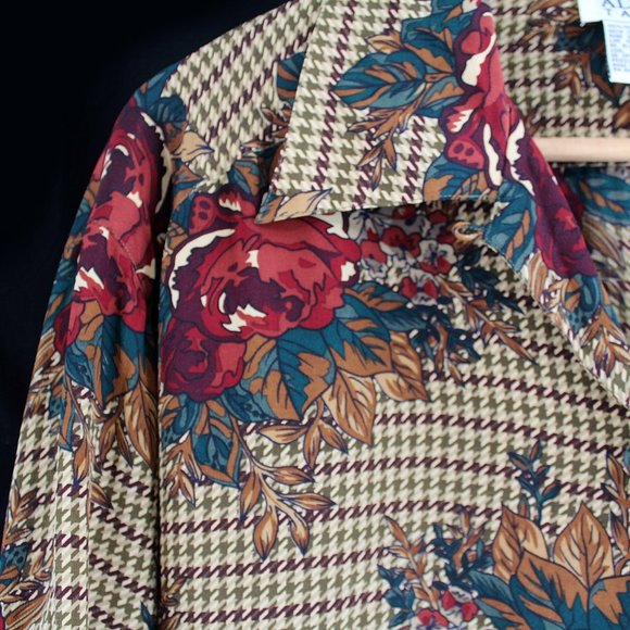 VTG 90s 100% Silk Blouse Button Front Long Sleeve Collar Floral Houndstooth Boxy - Picture 2 of 5